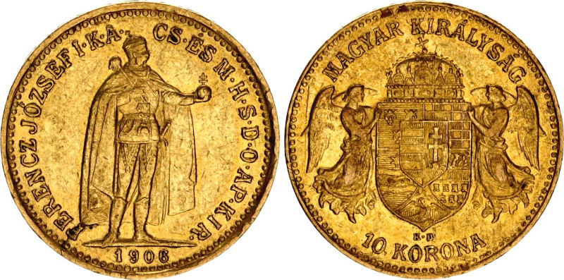 Hungary 10 Korona 1906 KB

KM# 485; Gold (.900) 3.39 g.; Franz Joseph I; Mint:...