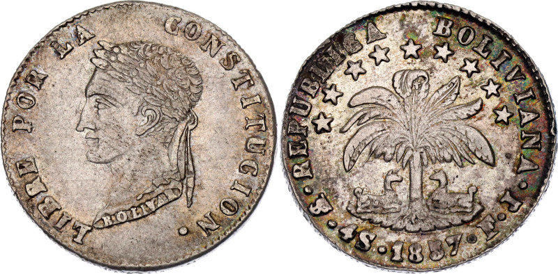 Bolivia 4 Soles 1857 PTS FJ

KM# 123.2, N# 23934; Silver 13.76 g.; Potosi Mint...