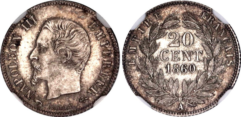 France 20 Centimes 1860 A NGC MS64

KM# 778, N# 1146; Silver; Napoleon III