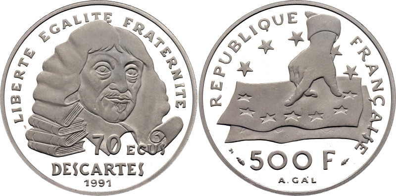 France 500 Francs / 70 Ecus 1991 Proof

KM# 1003a, N# 335747; Platinum (.999) ...