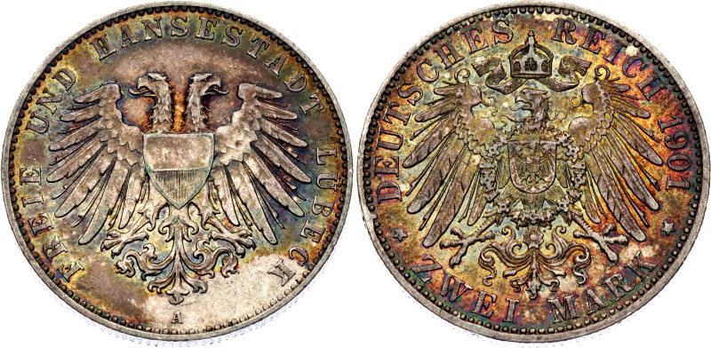 Germany - Empire Lubeck 2 Mark 1901 A

KM# 210, J# 80, N# 20422; Silver 11.09 ...