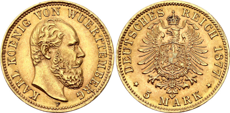 Germany - Empire Wurttemberg 5 Mark 1877 F

KM# 627, J. 291, N# 33324; Gold (....