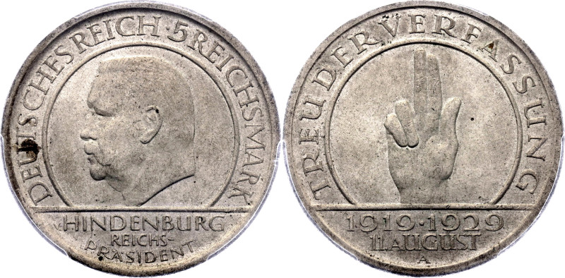 Germany - Weimar Republic 5 Reichsmark 1929 A PCGS MS64

KM# 64, N# 22835; Sil...