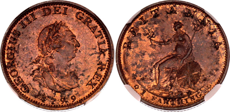 Great Britain 1 Farthing 1799 NGC MS62 BN

KM# 646, N# 13162; Copper; George I...