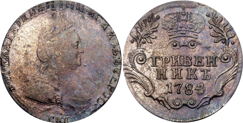 Russia Grivennik 1784 /3 СПБ Overdate PCGS AU58

Bit# 498, 0.75 R by Petrov, C...