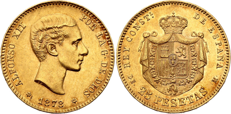 Spain 25 Pesetas 1878 (*1878) DEM

KM# 673, Cal# 4, N# 14830; Gold (.900) 8.06...