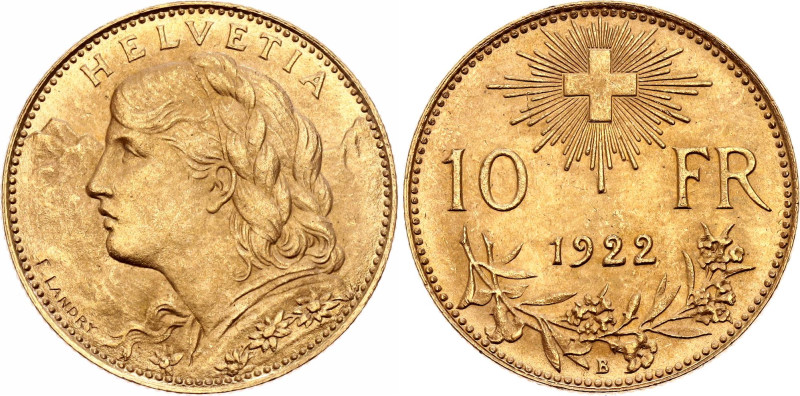 Switzerland 10 Francs 1922 B

KM# 36, N# 3950; Gold (.900) 3.23 g.; "Vreneli";...