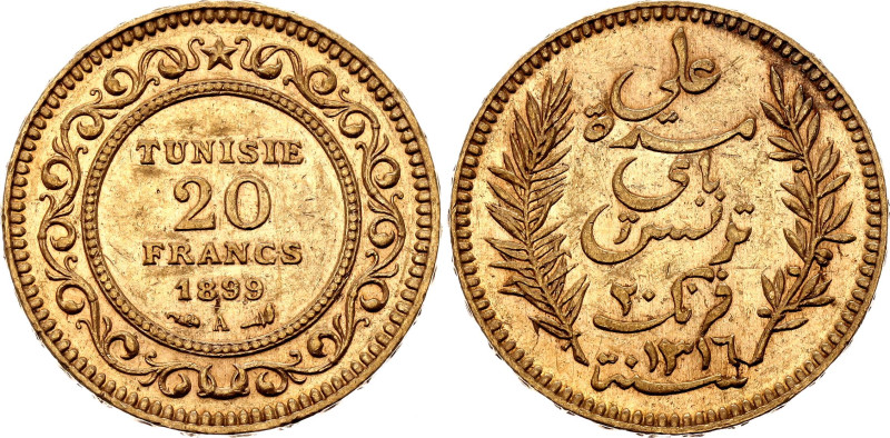 Tunisia 20 Francs 1899 A AH 1316

KM# 227, N# 7496; Gold (.900) 6.45 g.; Ali I...