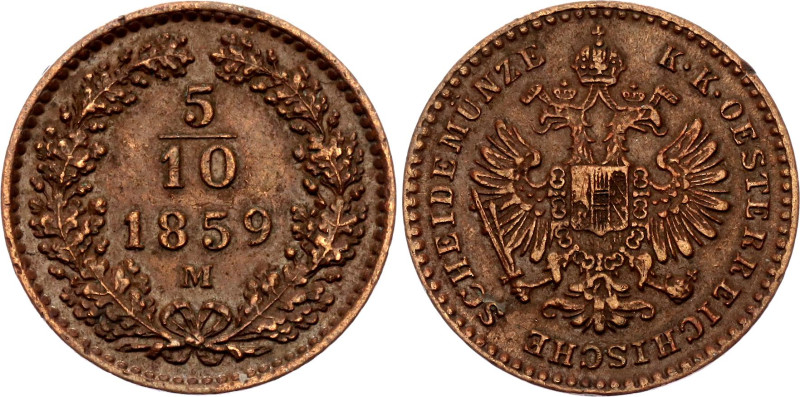 Austria 5/10 Kreuzer 1859 M

KM# 2182, N# 19281; Copper; Franz Joseph I; Milan...