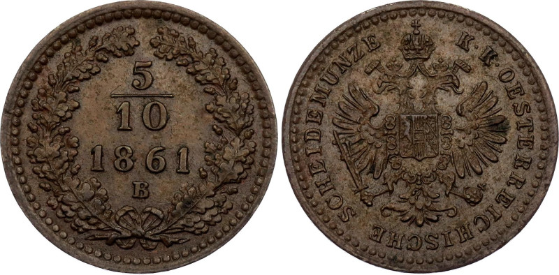 Austria 5/10 Kreuzer 1861 B

KM# 2182, N# 19281; Copper; Franz Joseph I; UNC