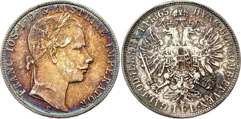 Austria 1 Florin 1865 E Edge Error

KM# 2219, N# 7004; Silver 12.20 g.; Franz ...