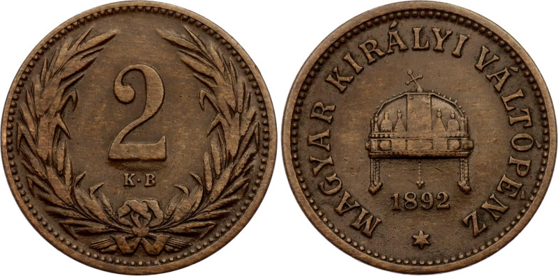 Hungary 2 Filler 1892 KB

KM# 481, N# 4679; Bronze; Franz Joseph I; Kremnitz M...