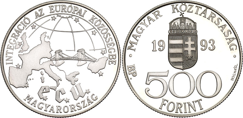 Hungary 500 Forint 1993 BP

KM# 704, N# 34386; Silver 31.46 g., Proof; Europea...