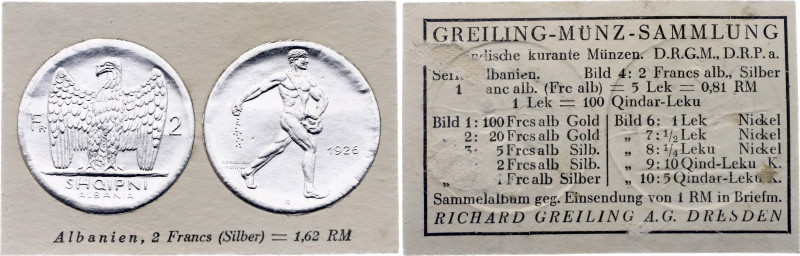 Albania 2 Franga Ari 1926 R German Collector's Coin Card

KM# 7, N# 24313; Foi...