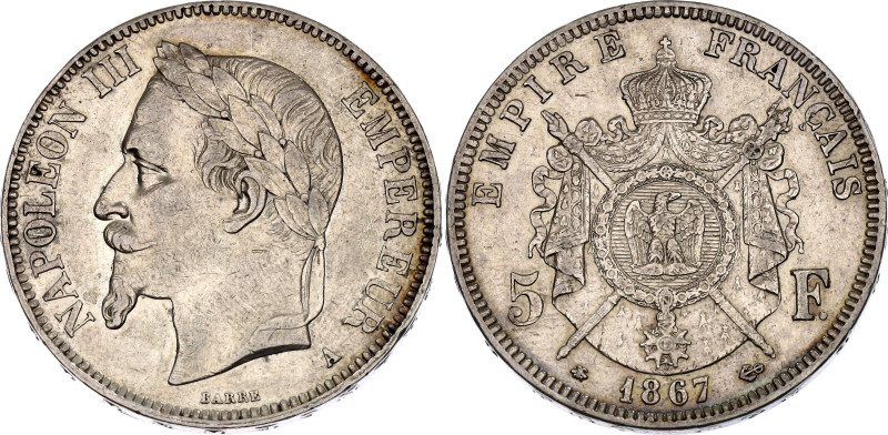 France 5 Francs 1867 A

KM# 799.1, Gad# 739, N# 1184; Silver 24.92 g.; Napoleo...