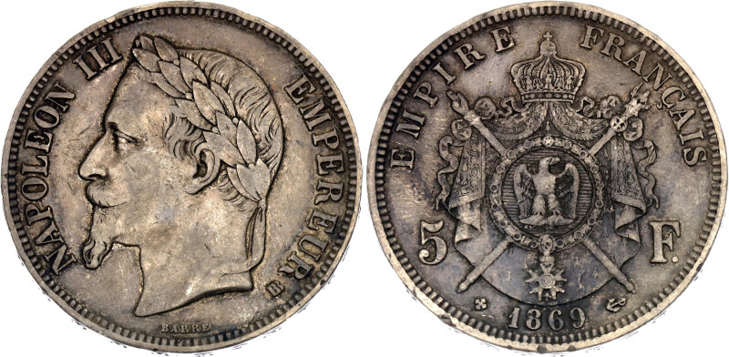 France 5 Francs 1869 BB

KM# 799.2, Gad# 739, N# 1184; Silver 24.99 g.; Napole...