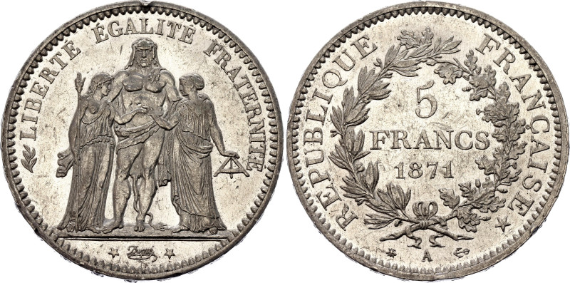 France 5 Francs 1871 A Key Date

KM# 820.1, N# 1187; Silver 25.00 g.; Paris Mi...