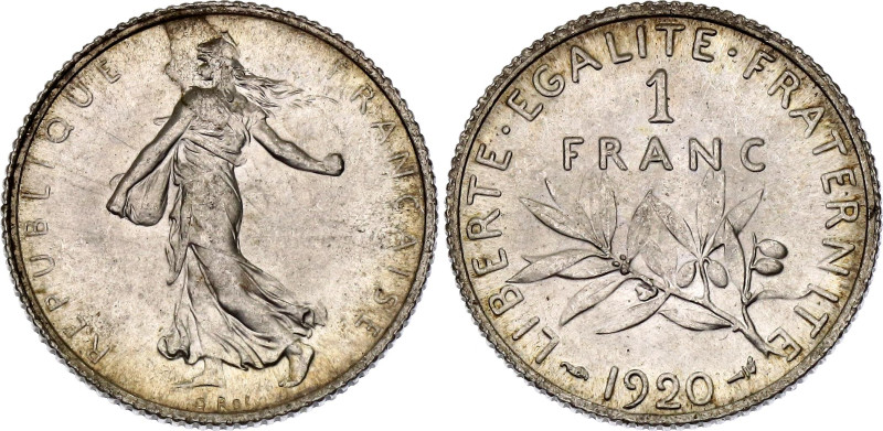 France 1 Franc 1920

KM# 844.1, Gad# 467, N# 682; Silver 5.00 g.; Paris Mint; ...