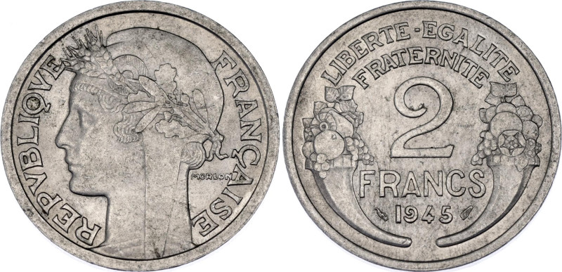 France 2 Francs 1945

KM# 886a, N# 677; Aluminium-magnesium; Paris Mint; AUNC/...