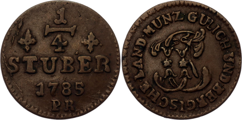 German States Julich-Berg 1/4 Stuber 1785 PR

KM# 206, N# 5467; Copper; Charle...