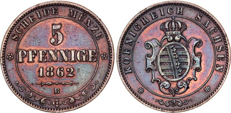 German States Saxony-Albertine 5 Pfennige 1862 B

KM# 1218, N# 10590; Copper; ...