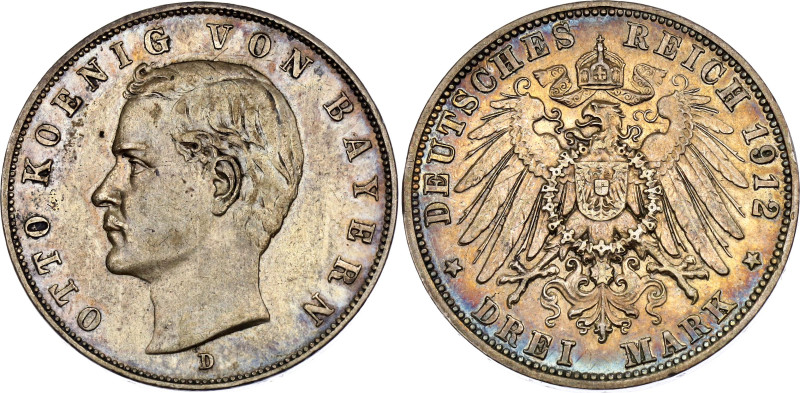 Germany - Empire Bavaria 3 Mark 1912 D

KM# 996, N# 7937; Silver 16.68 g.; Ott...