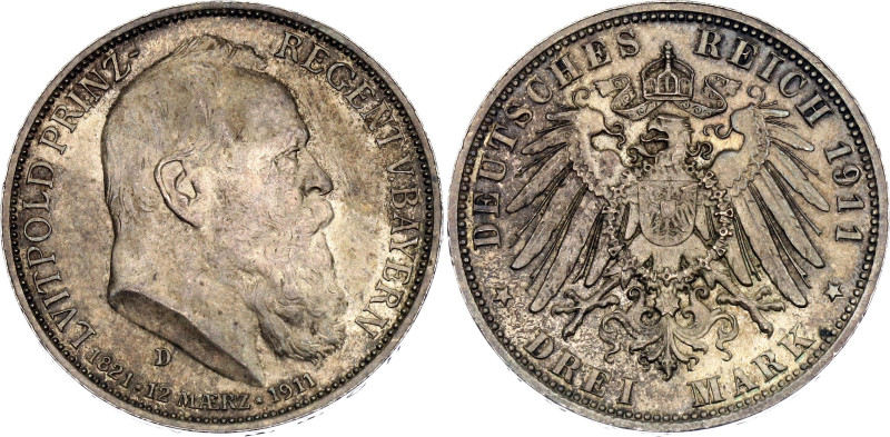 Germany - Empire Bavaria 3 Mark 1911 D

KM# 998, N# 15935; Silver 16.68 g.; Lu...