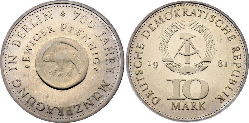 Germany - DDR 10 Mark 1981 A Proof

KM# 82, N# 43340; Nickel brass 12.00 g., P...