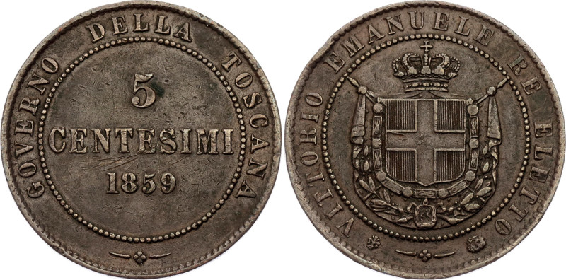 Italian States Tuscany 5 Centesimi 1859

C# 83, N# 4255; Copper; 2nd Provision...