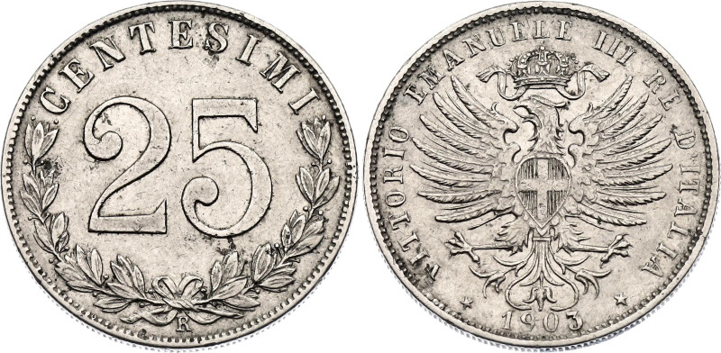 Italy 25 Centesimi 1903 R

KM# 36, N# 7231; Nickel; Vittorio Emanuele III; XF