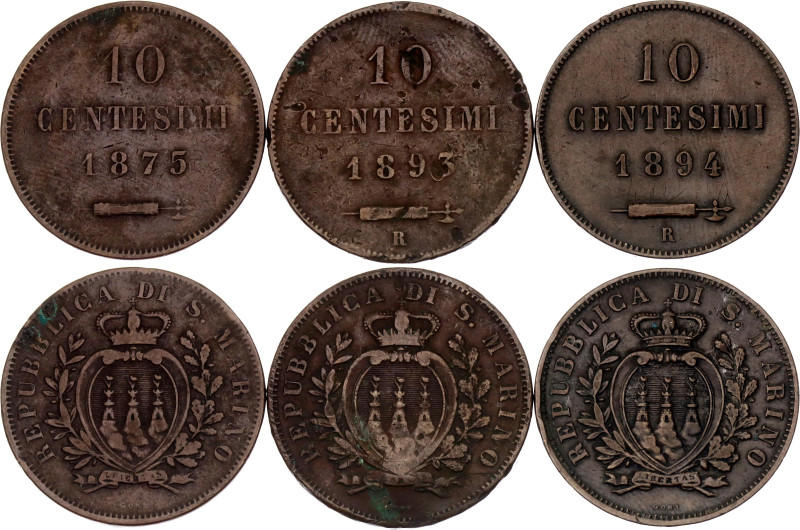 San Marino 3 x 10 Centesimi 1875 - 1894

KM# 2, N# 6087; Copper; Milan and Rom...