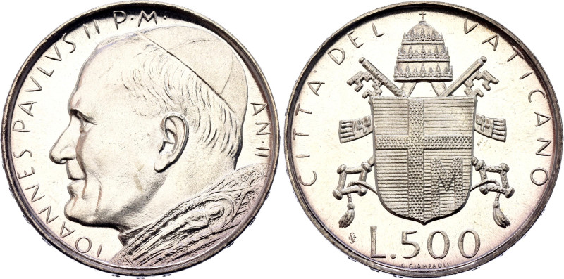 Vatican 500 Lire 1980 (II) IPZS

KM# 148, N# 11513; Silver 11.02 g.; John Paul...