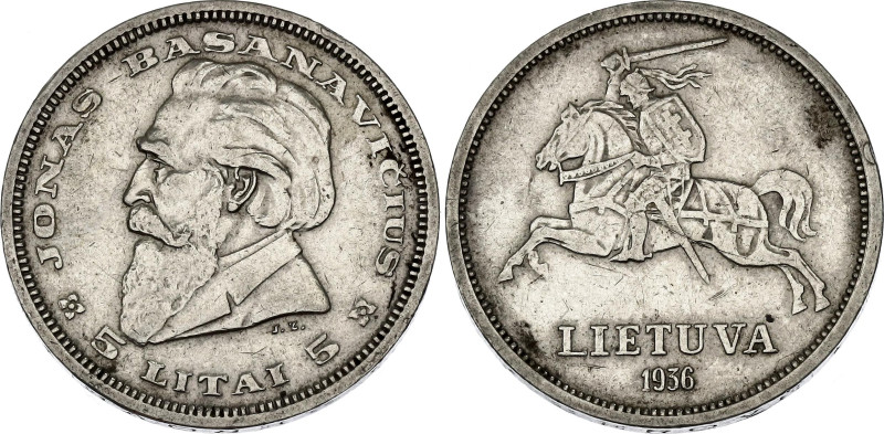 Lithuania 5 Litai 1936

KM# 82, Schön# 12, N# 12409; Silver 9.00 g.; Jonas Bas...