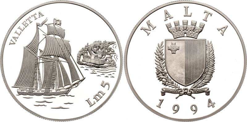 Malta 5 Liri 1994 Proof

KM# 108, N# 34880; Silver 31.47 g., Proof; Valletta; ...