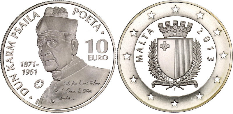 Malta 10 Euro 2013

KM# 147, N# 45025; Silver 28.28 g., Proof; Dun Karm Psaila...