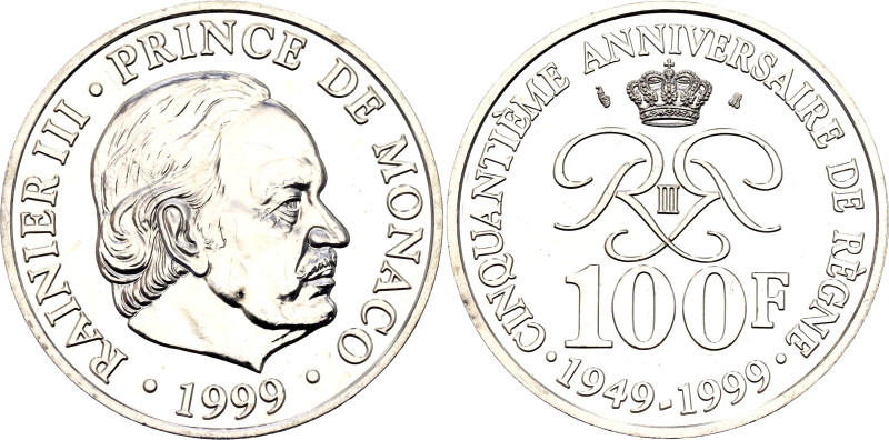 Monaco 100 Francs 1999

KM# 175, N# 11359; Silver 15.00 g.; Rainier III; 50th ...