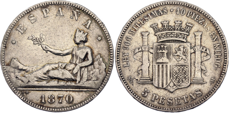 Spain 5 Pesetas 1870 (*1870) SNM

KM# 655, N# 6722; Silver 24.66 g.; Provision...