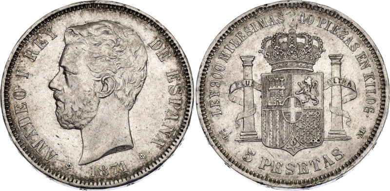 Spain 5 Pesetas 1871 (*1871) SDM

KM# 666, Cal# 5, N# 7733; Silver 24.92 g.; A...