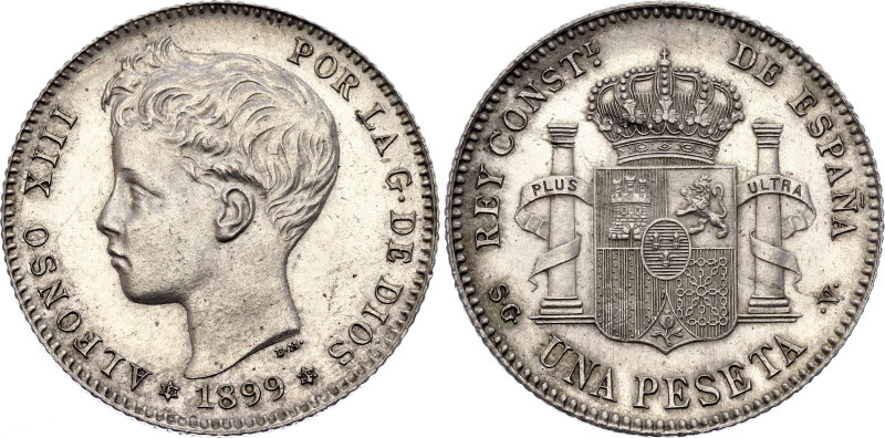 Spain 1 Peseta 1899 (*1899) SGV

KM# 706, Cal# 41, N# 6275; Silver 5.00 g., Pr...