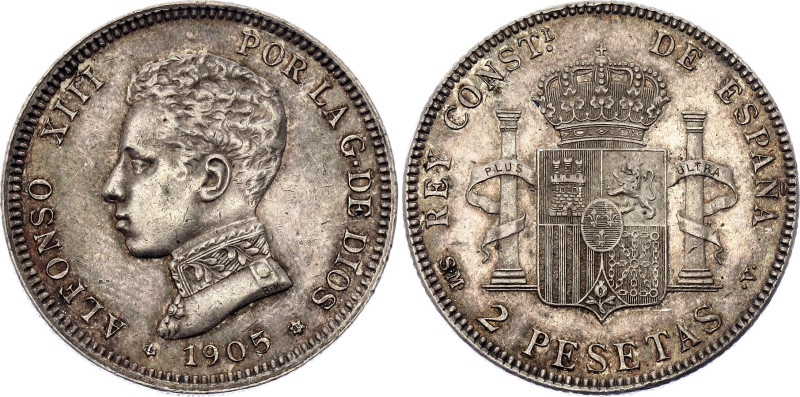 Spain 2 Pesetas 1905 (*1905) SMV

KM# 725, Cal# 34, N# 7174; Silver 10.00 g.; ...