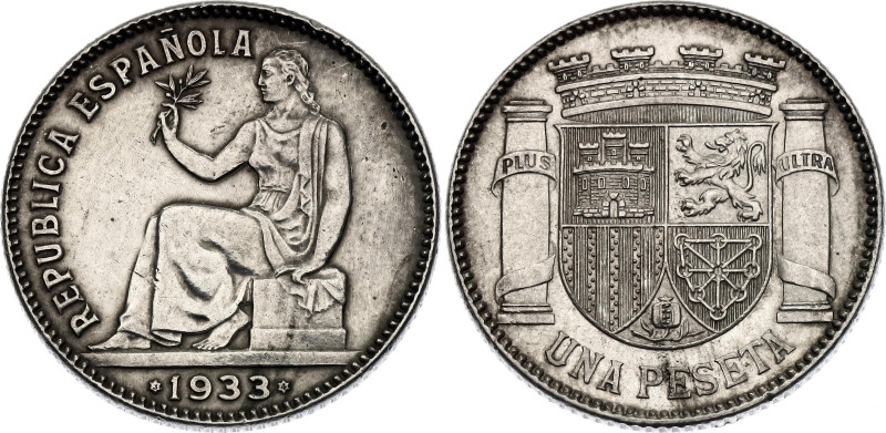 Spain 1 Peseta 1933 (*34)

KM# 750, Cal# 1, N# 11169; Silver 5.02 g.; Madrid M...