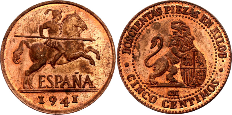 Spain 5 Centimos 1941 OM Copper Pattern

Copper 5.93 g., 24 mm.; UNC with full...