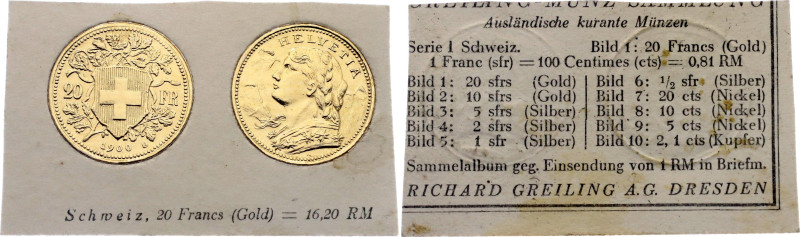 Switzerland 20 Francs 1900 B German Collector's Coin Card

KM# 35.1, N# 7497; ...