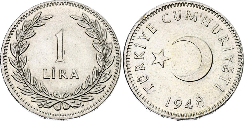 Turkey 1 Lira 1948

KM# 883, N# 1333; Silver 7.57 g.; AUNC