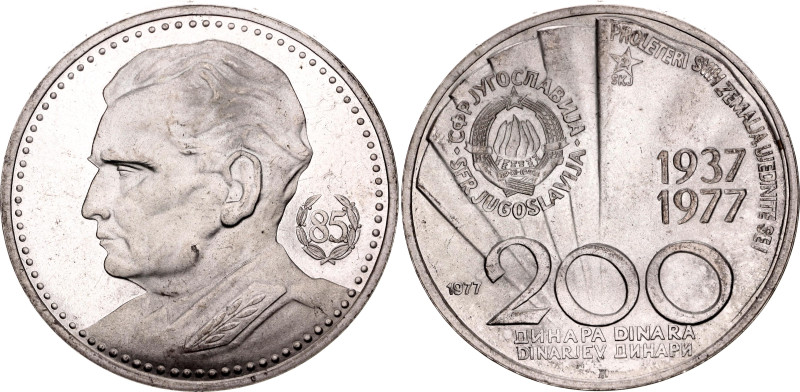 Yugoslavia 200 Dinara 1977

KM# 64a, N# 4915; Silver 14.97 g., Proof; Tito's 8...