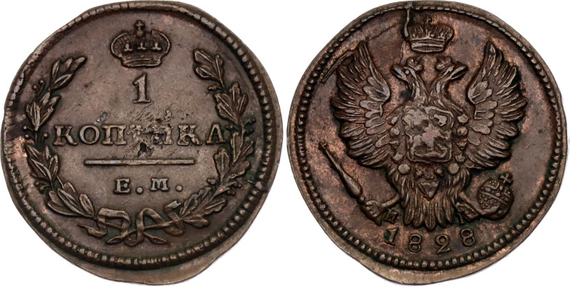 Russia 1 Kopek 1828 ЕМ ИК

Bit# 451, Conros# 214/63; Copper 6.21 g.; XF+