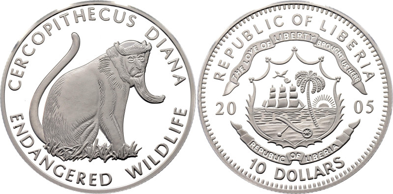 Liberia 10 Dollars 2005

Silver 20.00 g., Proof; Endangered Wildlife - Cercopi...