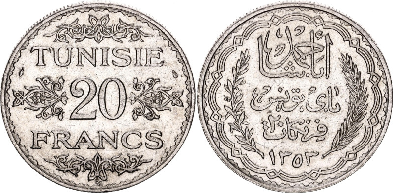 Tunisia 20 Francs 1935 AH 1353

KM# 263, Lec# 364, N# 6039; Silver 19.99 g.; A...