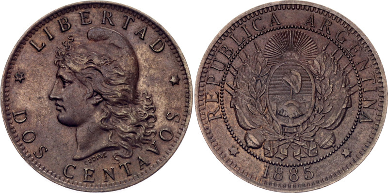 Argentina 2 Centavos 1885

KM# 33, N# 2220; Bronze; UNC with a beautiful choco...