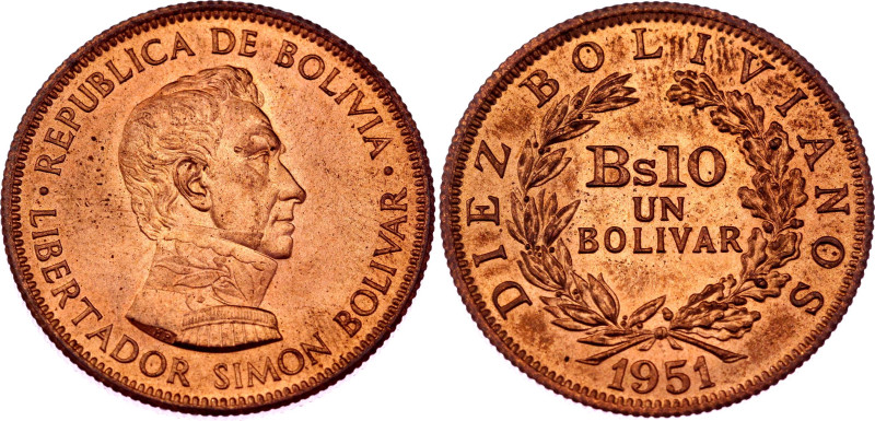 Bolivia 10 Bolivianos / 1 Bolivar 1951

KM# 186, N# 2128; Bronze; Simon Boliva...